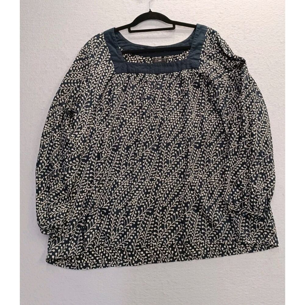 Ellos Womens 2XL Navy Blue White Boho Peasant Top Balloon Sleeve Box Neckline